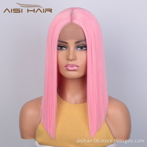 Aisi Hair Medium Long 16 Inch Cosplay Pink Wig Front Lace Wig Silky Straight Synthetic Lace Frontal Hair Wigs For Black Women